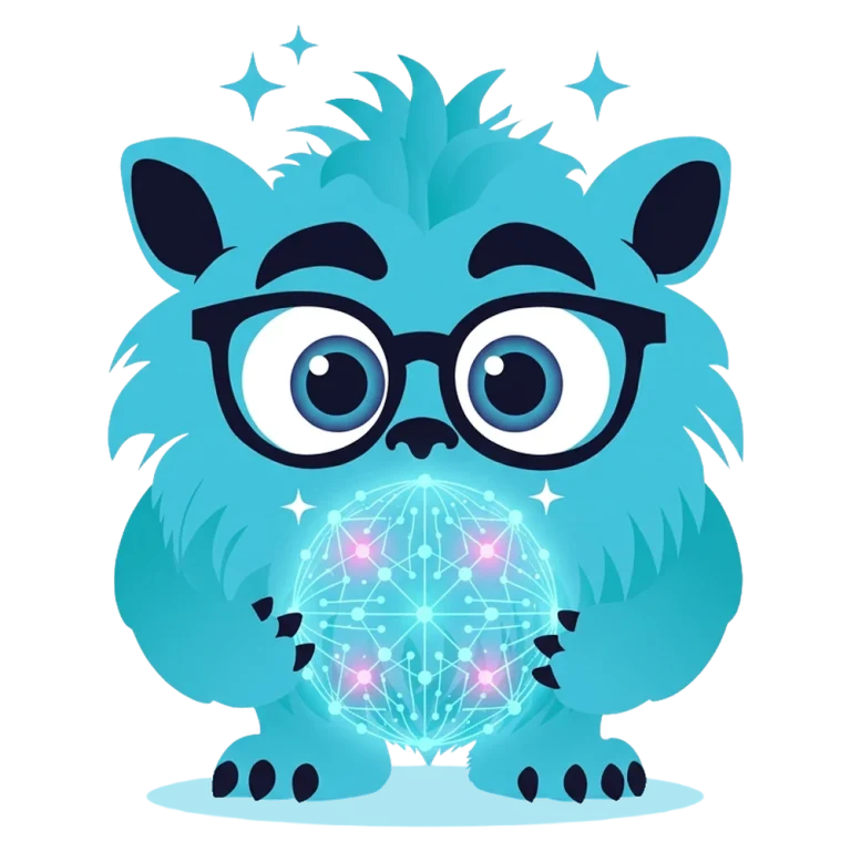Pixi holding a glowing AI network sphere