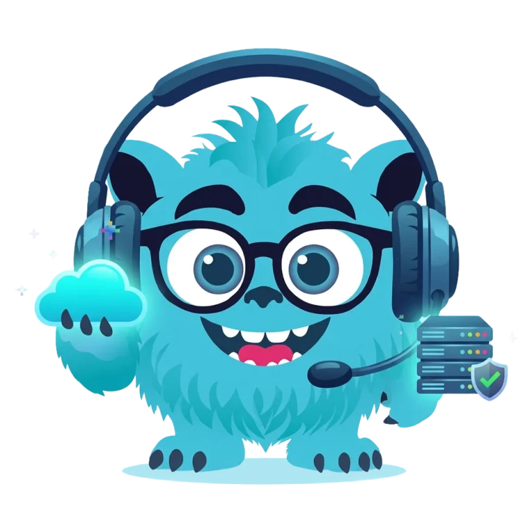 Pixi wearing a headset next to a cloud and a secure server